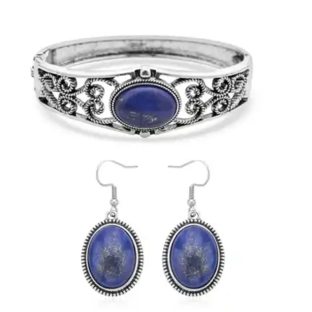 Genuine Lapis Bangle Bracelet and Earrings Set